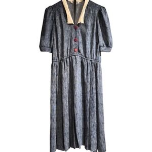 Vintage Taurus II Blue Textured‎ Midi Dress Contrast Collar Pink Buttons 80s
